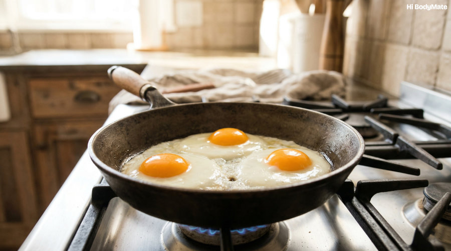 Three eggs frying in a cast iron pan with warm morning light